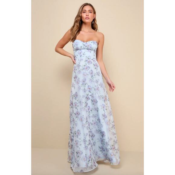 Lulus Chic Preciousness Light Blue Floral Organza Bustier Maxi Dress Medium NWT - Picture 1 of 12